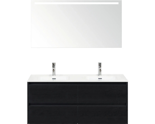 Koupelnový komplet s dvojitým umyvadlem, skříňkou se zásuvkami a zrcadlem s osvětlením