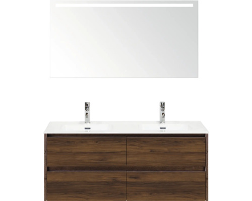 Kombinace umyvadla se dvěma umyvadly, spodní skříňkou a zrcadlem s osvětlením