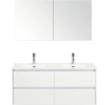 Sestava koupelnového nábytku s dvojitým umyvadlem, spodní skříňkou se zásuvkami a zrcadlovou skříňkou