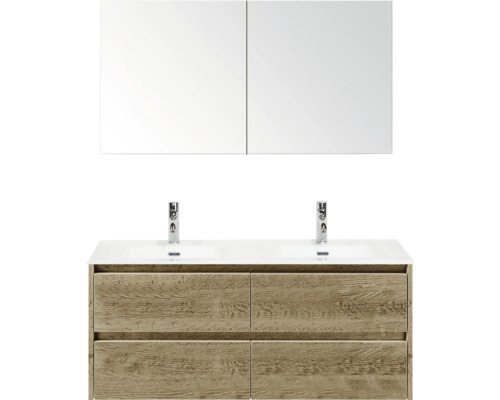 Umyvadlová skříňka se dvěma umyvadly, dřevěná spodní skříňka a zrcadlová skříňka