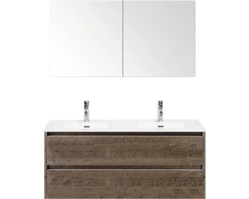 Umyvadlová skříňka se dvěma umyvadly, spodní skříňkou a zrcadlovou skříňkou