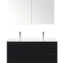 Umyvadlová skříňka se dvěma umyvadly, spodní skříňka se čtyřmi zásuvkami a zrcadlová skříňka