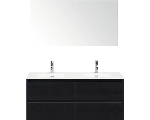 Umyvadlová skříňka se dvěma umyvadly, spodní skříňka se čtyřmi zásuvkami a zrcadlová skříňka