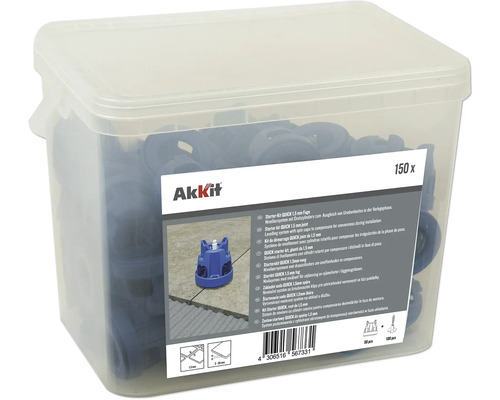 <p>Základní sada Akkit 50 otočnými válci QUICK s integrovanou ochranou proti poškrábání a 100 závitovými úchyty v kbelíku pro rozteč spár 1,5 mm</p> Akkit nivelační systém na obklady startovací sada se spárou 1,5 mm v průhledné krabici