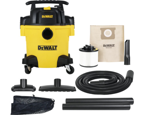 Vysavač DeWalt s příslušenstvím, jako je hadice, filtr a různé nástavce