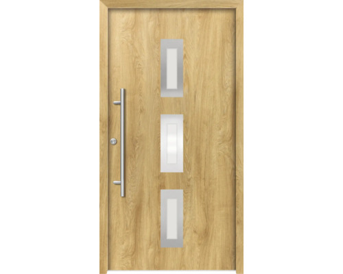 Ocelové vchodové dveře pasivní Artemis 100 x 210 cm L dub přírodní Dřevěné dveře se třemi obdélníkovými skleněnými panely, klikou a zámkem