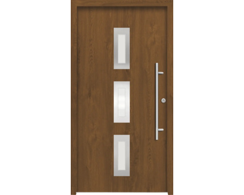 Ocelové vchodové dveře bezpečnostní Artemis RC2 100 x 210 cm P zlatý dub Dřevěné dveře se třemi obdélníkovými skleněnými panely a svislou rukojetí