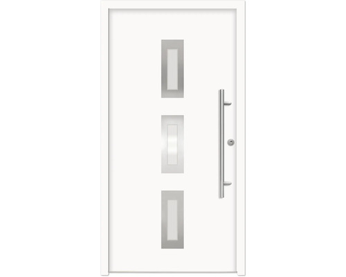 Ocelové vchodové dveře bezpečnostní Artemis RC2 100 x 210 cm P bílé Bílé vstupní dveře se třemi obdélníkovými skleněnými výplněmi a kovovou klikou