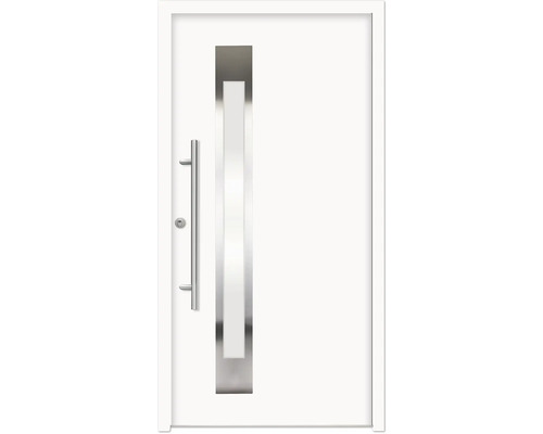 Hliníkovo-ocelové vchodové dveře bezpečnostní Aron RC2 100 x 210 cm L bílé Bílé vchodové dveře s nerezovou klikou a skleněnou vložkou