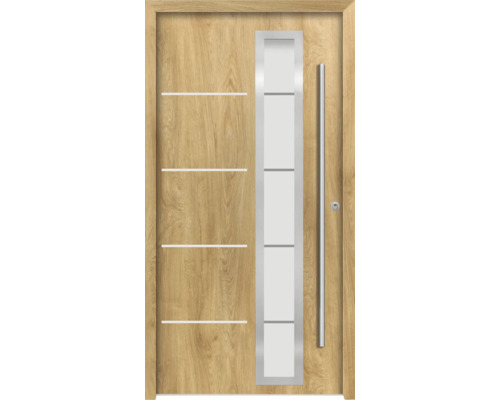 Ocelové vchodové dveře bezpečnostní Demeter RC2 100 x 210 cm P dub přírodní Dřevěné dveře se skleněnou vložkou a svislou rukojetí