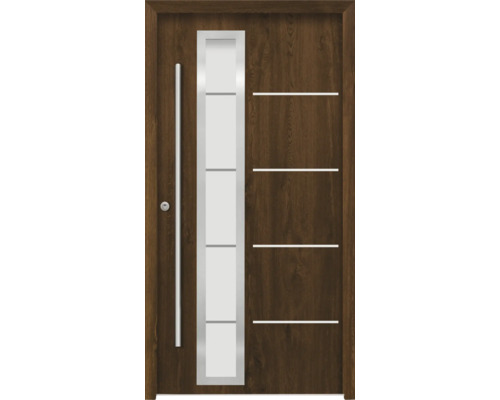 Ocelové vchodové dveře bezpečnostní Demeter RC2 110 x 210 cm L ořech Dřevěné dveře se skleněnou výplní a vodorovnými ozdobnými liniemi