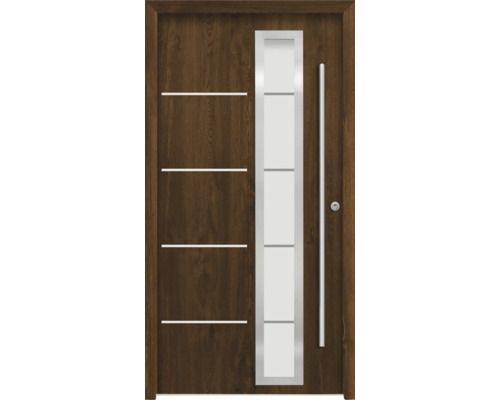 Ocelové vchodové dveře bezpečnostní Demeter RC2 110 x 210 cm P ořech Moderní vchodové dveře se skleněnou vložkou a horizontálními ozdobnými prvky
