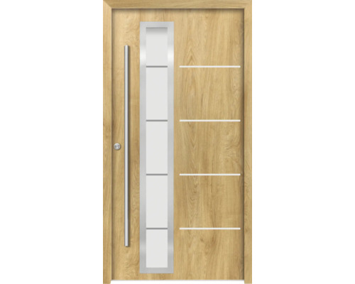 Ocelové vchodové dveře pasivní Demeter 110 x 210 cm L dub přírodní Dřevěné dveře se skleněnou vložkou a nerezovou klikou