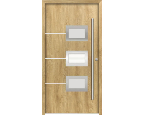 Ocelové vchodové dveře bezpečnostní Hera RC2 100 x 210 cm P dub přírodní Dřevěné dveře se třemi obdélníkovými skleněnými panely a madlem