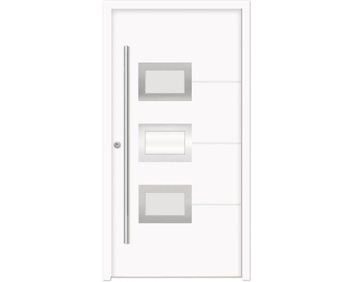 Hliníkovo-ocelové vchodové dveře bezpečnostní Hera RC2 110 x 210 cm L bílé Bílé vchodové dveře se třemi obdélníkovými okny a nerezovou klikou