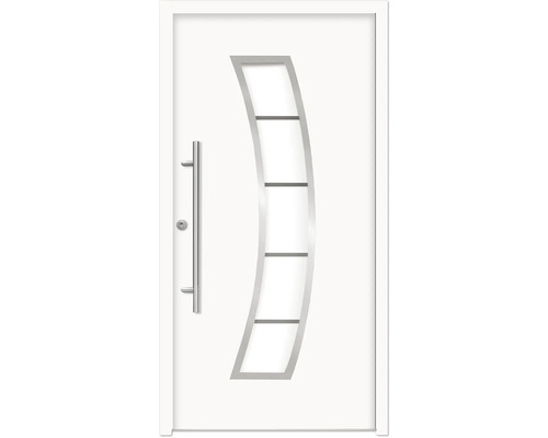 Ocelové vchodové dveře bezpečnostní Hermes RC2 100 x 210 cm L bílé Bílé vchodové dveře s nerezovou klikou a obloukovou skleněnou vložkou