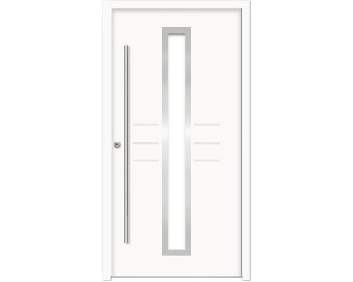 Ocelové vchodové dveře bezpečnostní Hestia RC2 100 x 210 cm L bílé Bílé vchodové dveře s vertikální skleněnou vložkou a tyčovým madlem