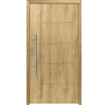 Dřevěné dveře s rukojetí a vodorovnými designovými prvky