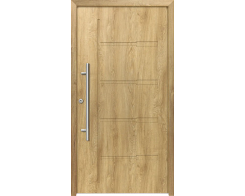 Ocelové vchodové dveře bezpečnostní Zeus RC2 100 x 210 cm L dub přírodní Dřevěné dveře s rukojetí a vodorovnými designovými prvky