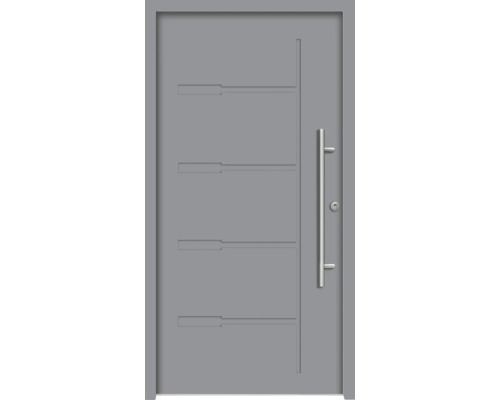 Hliníkovo-ocelové vchodové dveře bezpečnostní Zeus RC2 100 x 210 cm P šedé Moderní vchodové dveře s nerezovou klikou a vodorovnými designovými prvky