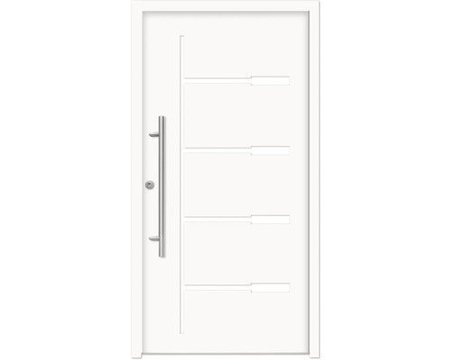 Hliníkovo-ocelové vchodové dveře bezpečnostní Zeus RC2 110 x 210 cm L bílé Bílé vchodové dveře s podélnými drážkami a nerezovou klikou