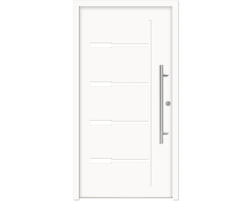 Hliníkovo-ocelové vchodové dveře bezpečnostní Zeus RC2 100 x 210 cm P bílé Bílé vchodové dveře s vodorovnými obdélníkovými designovými prvky a svislou stříbrnou klikou.