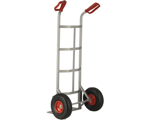 Kovový rudl se dvěma koly a červenými rukojeťmi