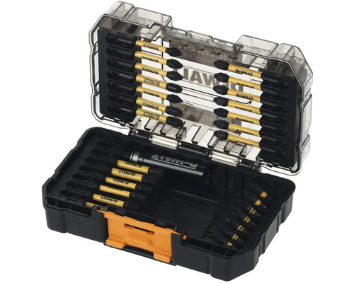 Sada bitů DeWalt s různými šroubovacími bity v černém plastovém kufříku