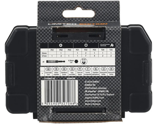 Informace o sadě šroubovacích bitů DeWalt DT70902T-QZ na obalu