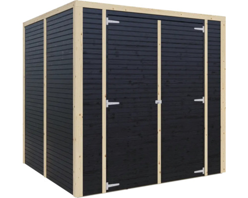 Dřevěná kůlna na nářadí s dvoukřídlými dveřmi