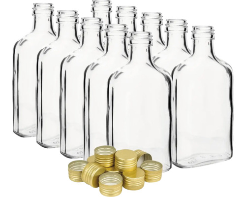 Láhev placatka skleněná s uzávěrem 200 ml 10 ks Několik prázdných skleněných lahví se šroubovacími uzávěry