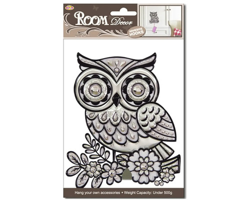 Dekorativní sova s lepicím háčkem pro dekoraci pokoje, nosnost do 500 gramů.