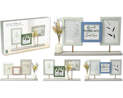 Dekorativní sada fotorámečků se třemi rámečky, vázou a sušenými květinami na poličce