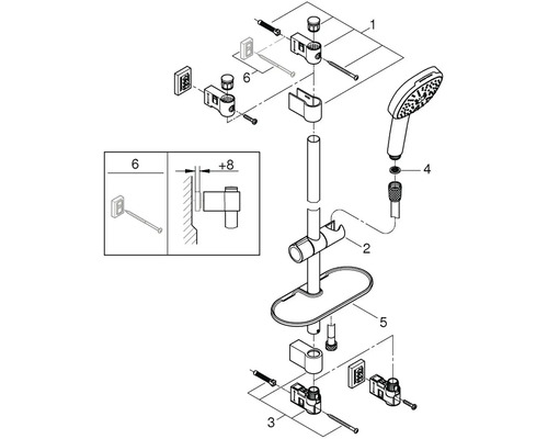 Rozkreslený nákres sprchové tyče s ruční sprchou a poličkou