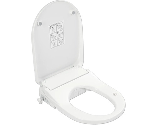 Bílé sprchovací WC sedátko s otevřeným víkem.