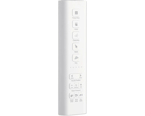 Dálkové ovládání bidetu s tlačítky pro napájení, automatické čištění, funkci bidetu, sušení, polohu trysky, tlak vody a teplotu