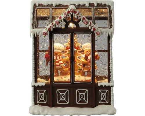 Lucerna LED sněžítko perníková chaloupka 16 x 9 x 21 cm, teplé bílé světlo Ozdobný perníkový dům s perníkovými mužíčky a sněhem jako vánoční dekorace
