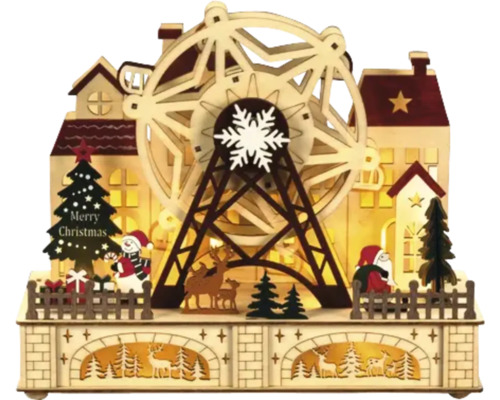 Vánoční dekorace s ruským kolem, domy, Santa Claus, sněhulák, vánoční strom a sobů ze dřeva