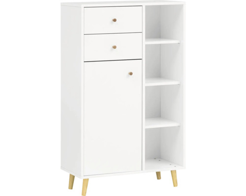 Skříň Highboard Möbelpartner Bjarne bílá 60,2 x 113,4 x 33,05 cm Bílá skříňka se třemi zásuvkami, jedněmi dvířky a otevřenými policemi