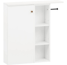 Bílá závěsná skříňka s jedněmi dvířky a třemi otevřenými policemi