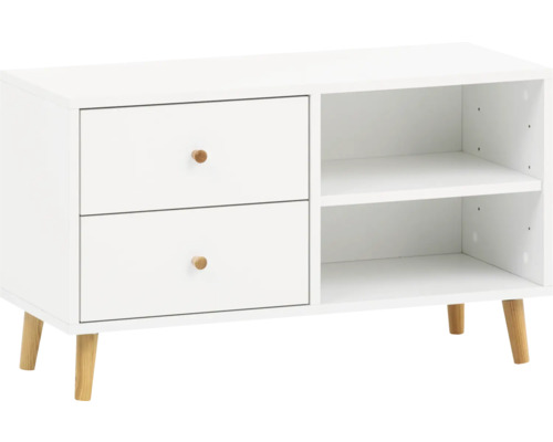 Skříňka nízká Möbelpartner Bjarne bílá 78,9 x 46,5 x 33 cm Bílá skříňka se dvěma zásuvkami a dvěma otevřenými policemi