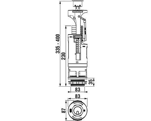 Technický výkres splachovací nádrže s rozměry