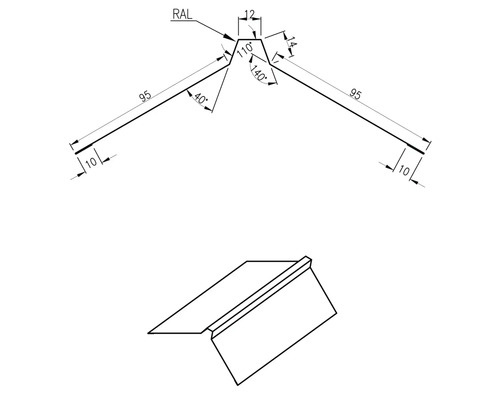 Technický nákres hřebenové desky s rozměry