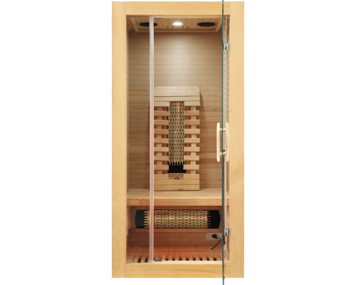 Infračervená sauna se skleněnými dveřmi a dřevěným obložením