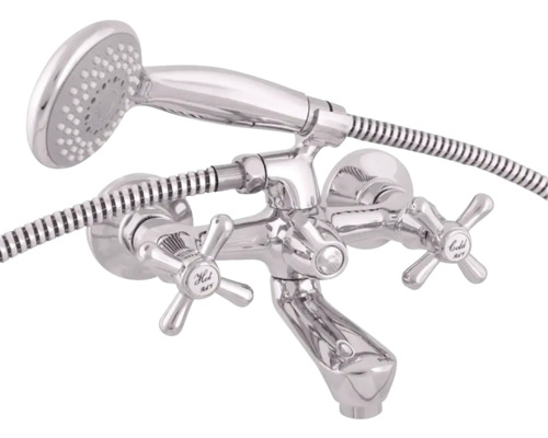 Sprchová baterie s ruční sprchou a křížovými kohoutky pro teplou a studenou vodu