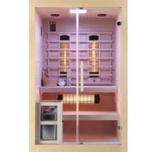 Infračervená sauna s prosklenou přední stranou, dřevěnými lavicemi a ovládacími prvky