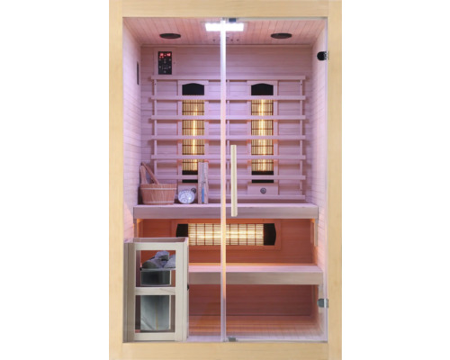 Infračervená sauna s prosklenou přední stranou, dřevěnými lavicemi a ovládacími prvky