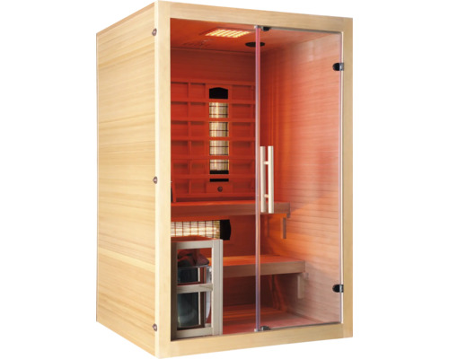 Infračervená sauna se skleněnou přední stěnou a dřevěnými lavicemi