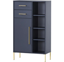 Komoda se třemi zásuvkami, jedněmi dvířky, otevřenými policemi a nožičkami