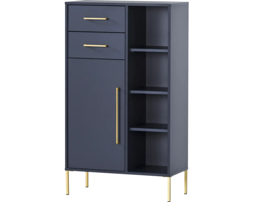 Komoda se třemi zásuvkami, jedněmi dvířky, otevřenými policemi a nožičkami